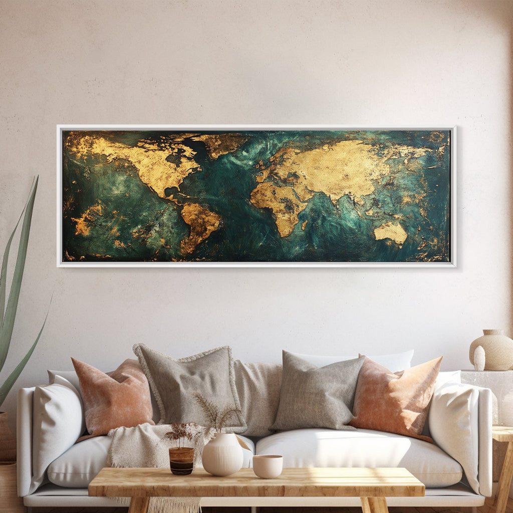 Gold World Map Framed Canvas Print
