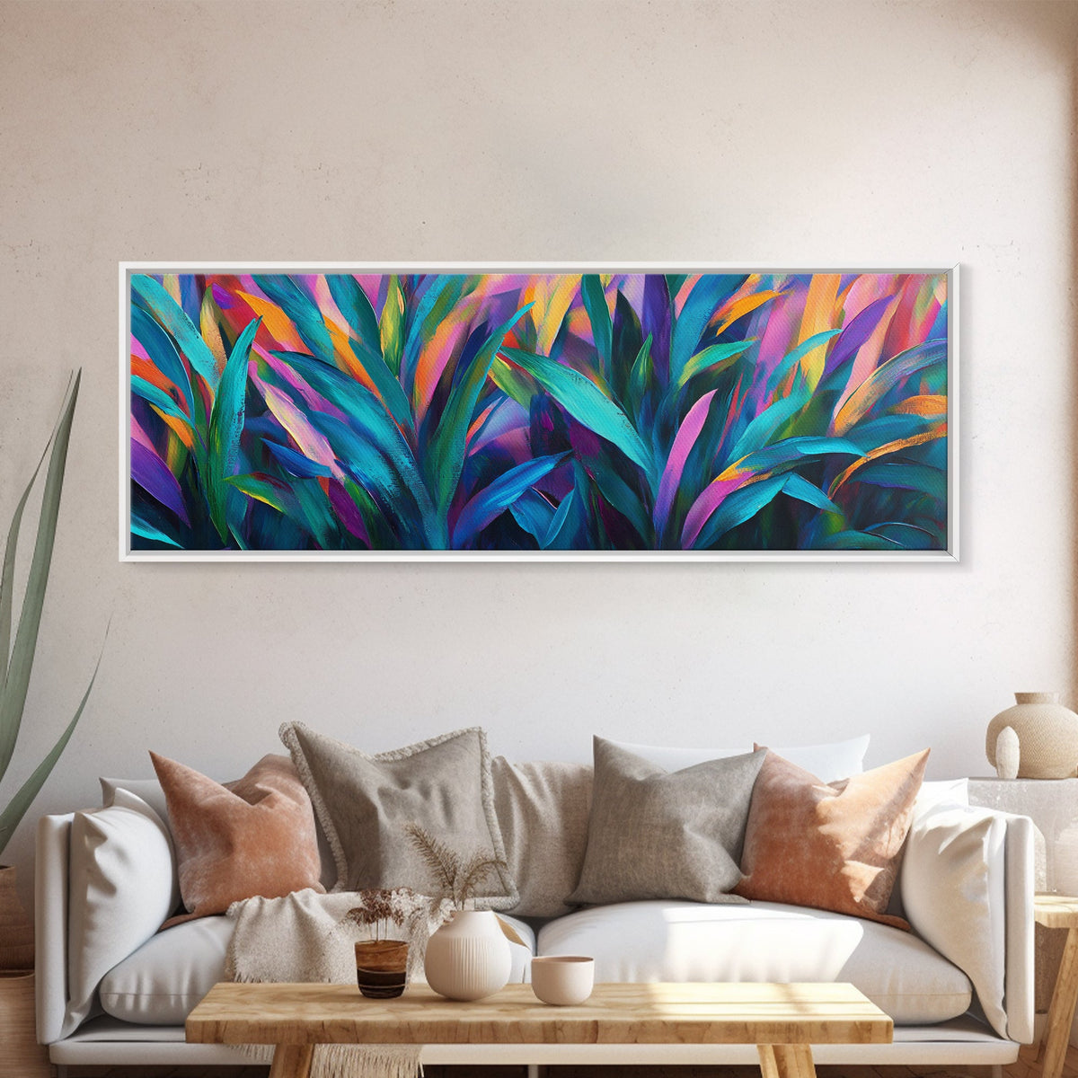 Abstract Leaves, Colorful Wall Art, Botanical Painting, Modern Home Decor, Framed Canvas Print, Boho Style, Living Room Artwork