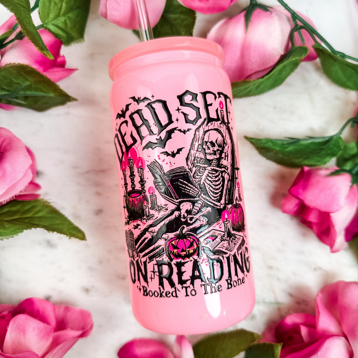 Dead Set on Reading Pink Glass Cup with Pink Lid & Glass Straw