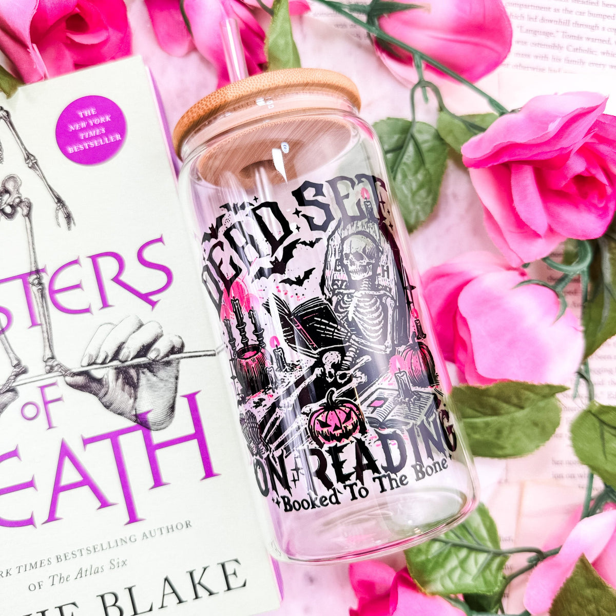 Dead Set On Reading Clear Glass Cup with Bamboo Lid & Straw