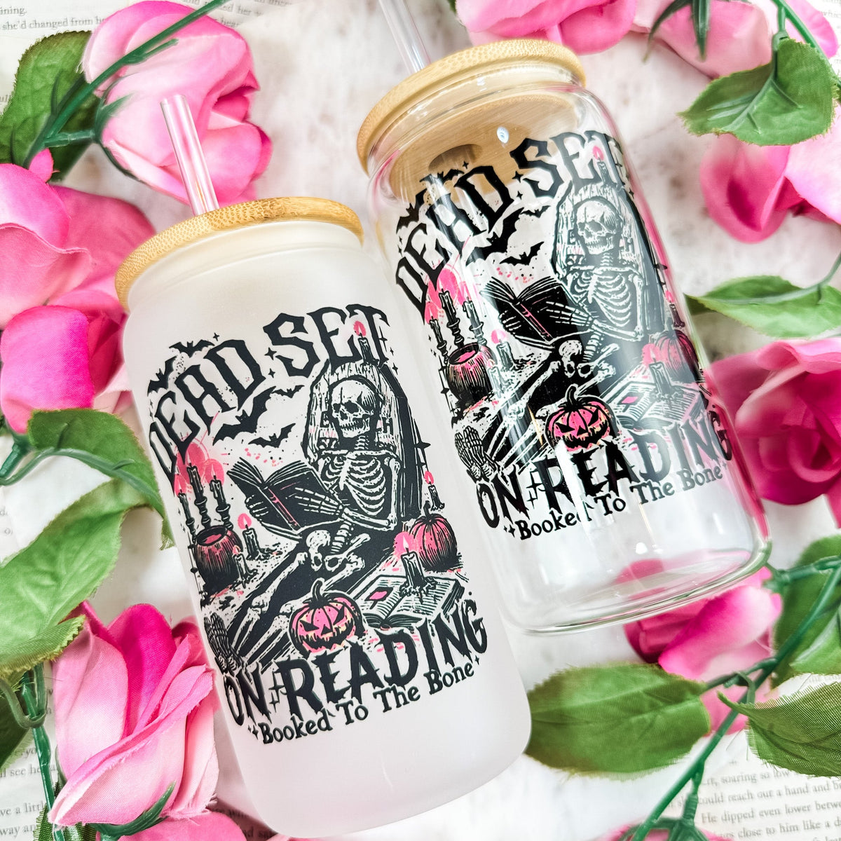 Dead Set On Reading Clear Glass Cup with Bamboo Lid & Straw