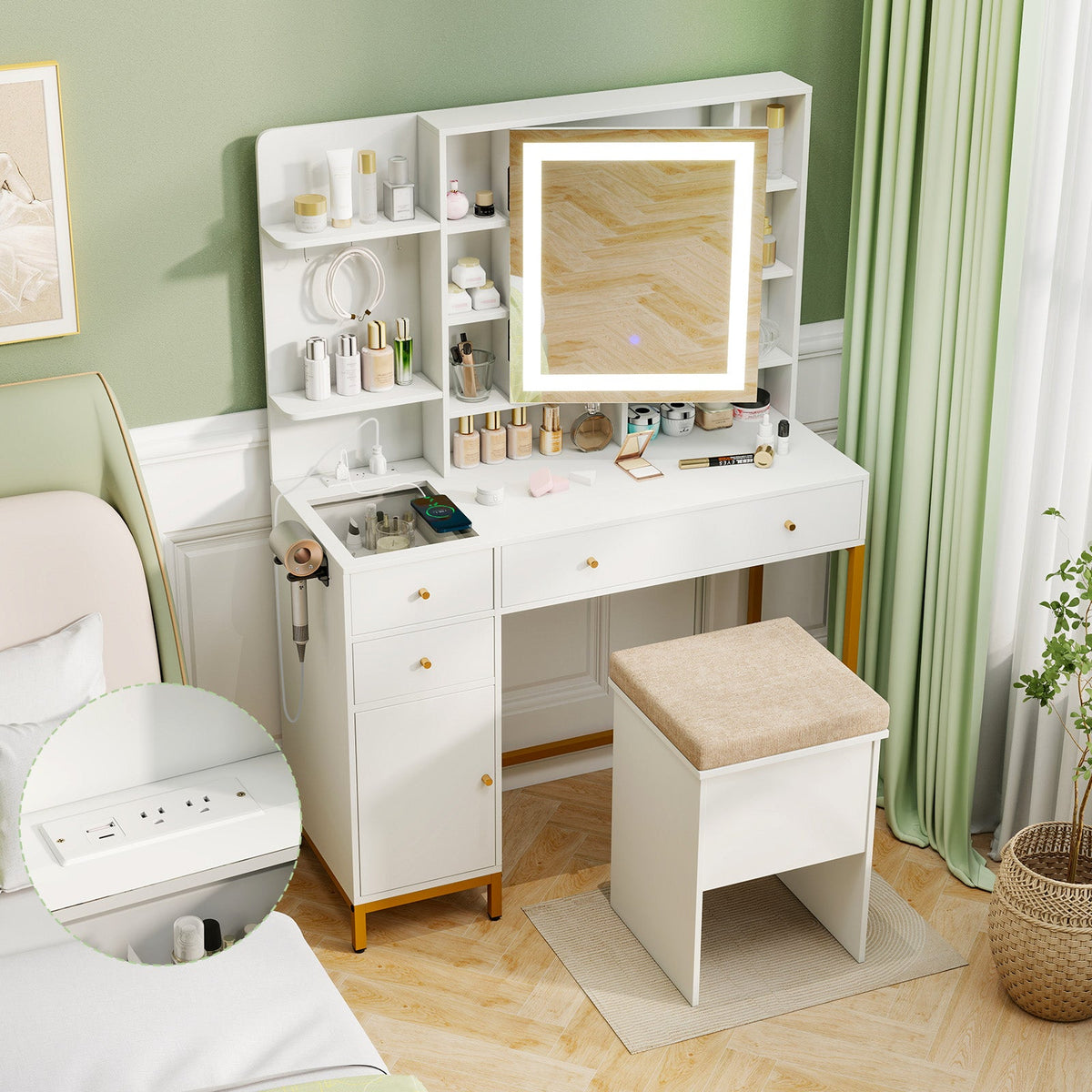 Makeup Dressing Table and Stool set with 3 Lighting Modes and Cabinet-White