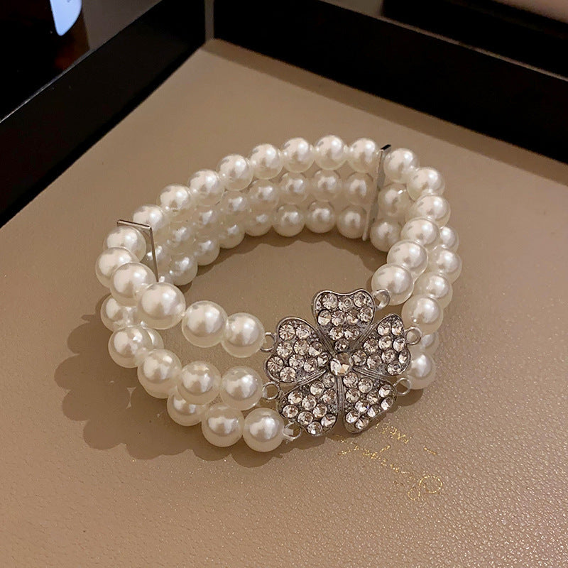 Multi-layered Pearl Flower Stone Necklace Earrings Bracelet Fashion Jewelry Set