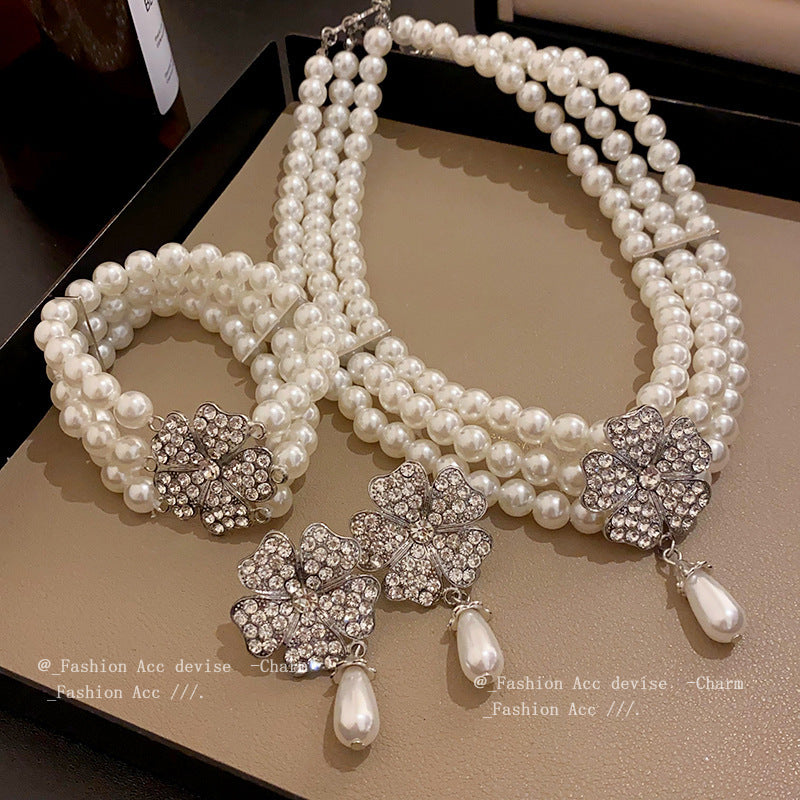 Multi-layered Pearl Flower Stone Necklace Earrings