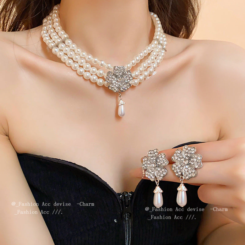 Multi-layered Pearl Flower Stone Necklace Earrings