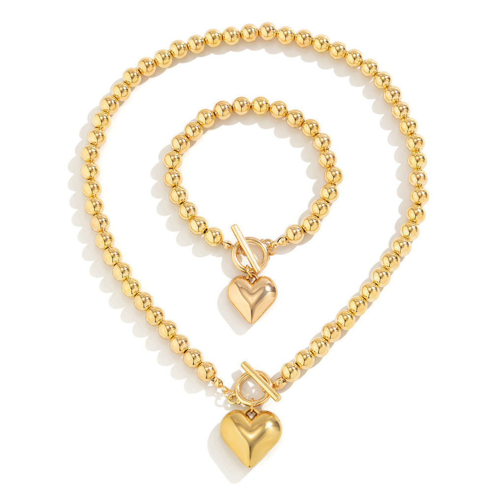 Fashion Heart Pendant Beaded Necklace Earrings