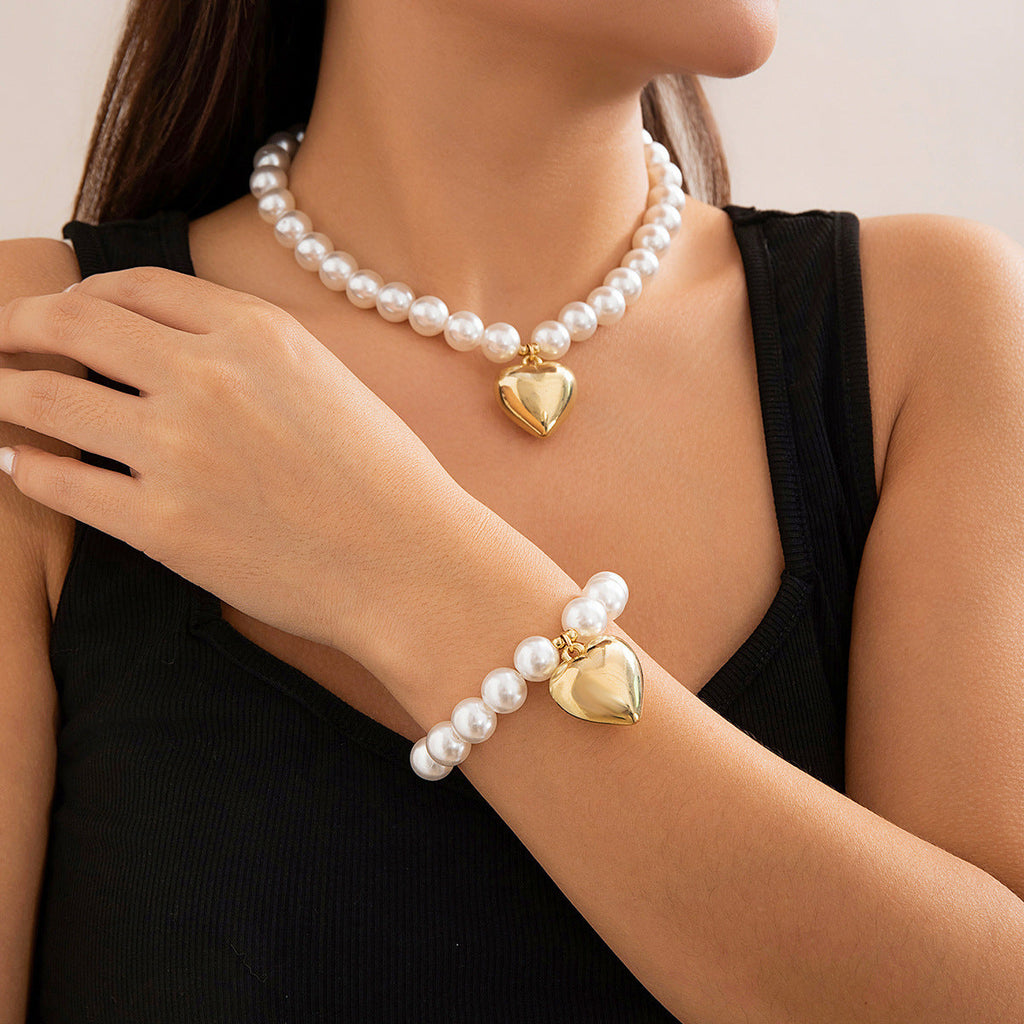Fashion Heart Pendant Beaded Necklace Earrings