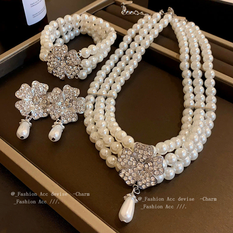 Multi-layered Pearl Flower Stone Necklace Earrings