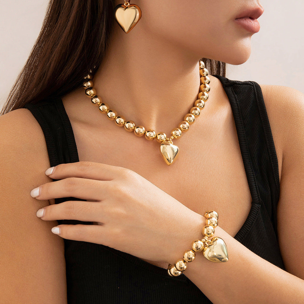 Fashion Heart Pendant Beaded Necklace Earrings