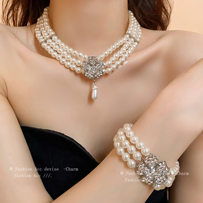 Multi-layered Pearl Flower Stone Necklace Earrings