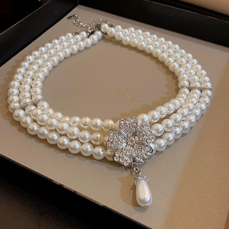 Multi-layered Pearl Flower Stone Necklace Earrings