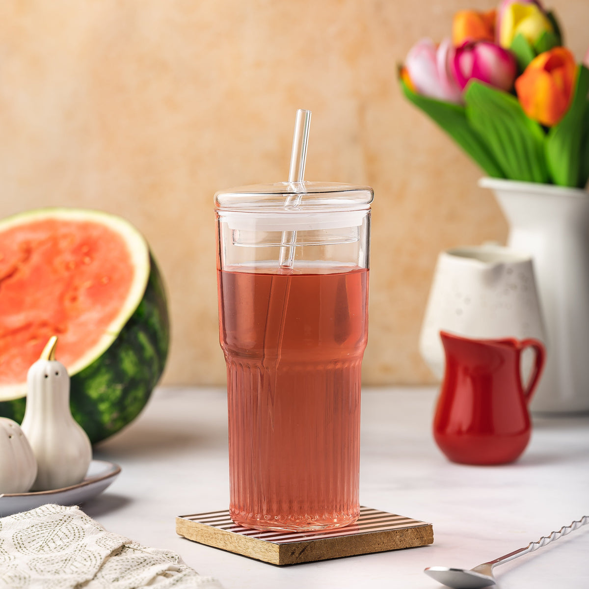 All Glass Juice Tumblers with Lid 20 oz 2 Pack