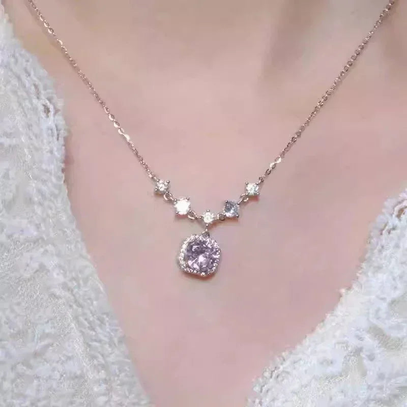 Pink Square Zircon-Style Pendant Necklace
