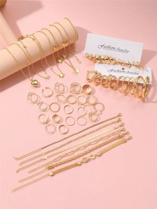 57-Piece Boho Heart Jewelry Set – Necklace, Earrings, Rings & Bracelet