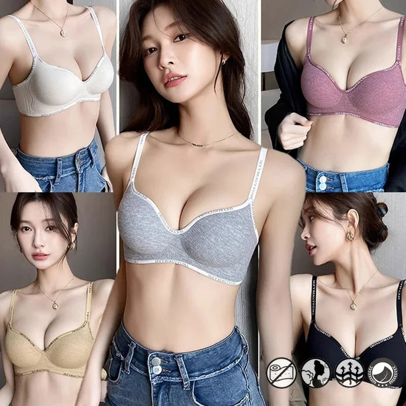 Trendy 2Pcs/Set Women's Seamless Solid Color Bras Sexy Letter Straps Wireless Push Up Underwear New Ladies Deep V Neck Brassiere