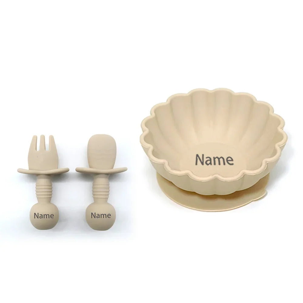 Personalized 3-Piece Silicone Kids Tableware Set Bowl Fork Spoon BPA-Free Suction Plate Microwave & Dishwasher Safe