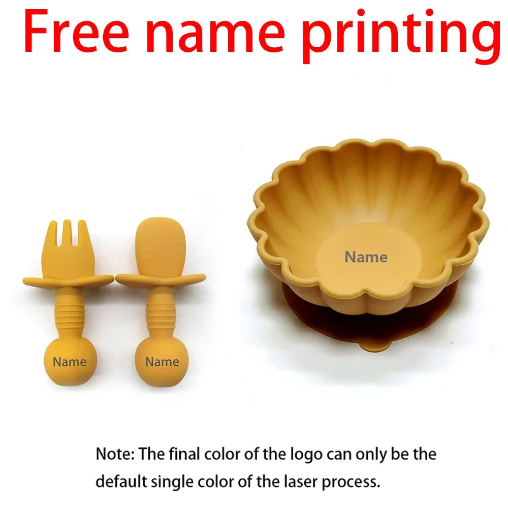 Personalized 3-Piece Silicone Kids Tableware Set Bowl Fork Spoon BPA-Free Suction Plate Microwave & Dishwasher Safe