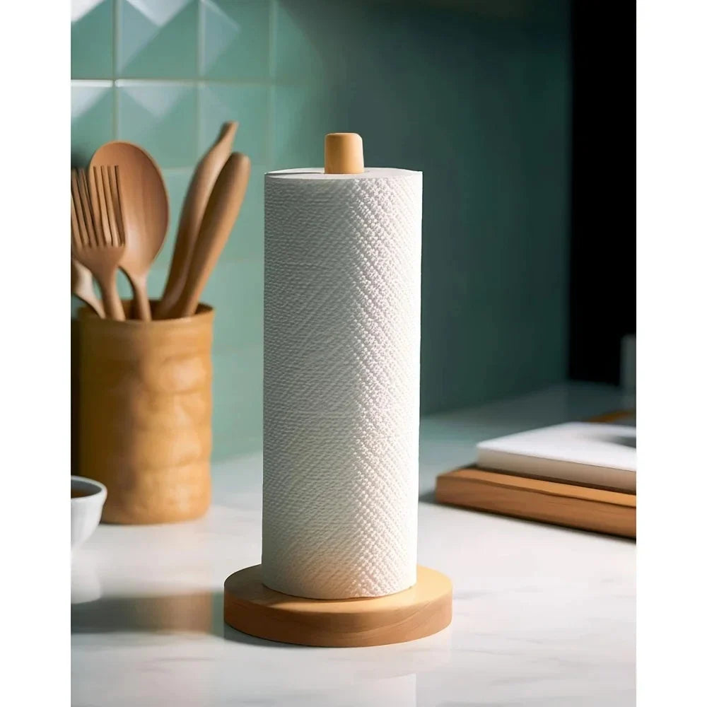 Bamboo Paper Towel Holder – Wooden Countertop Stand for Kitchen and Bathroom Organization