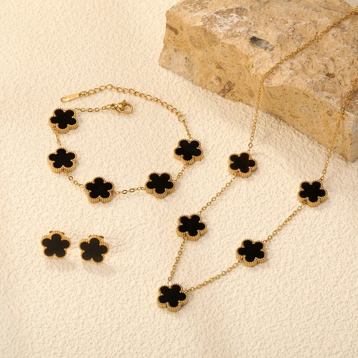 LUXUKISSKIDS Fashion Flower Necklace Earrings Set Jewelry Women Stainless Steel White Shell Clover Bracelet Jewelry Accessories