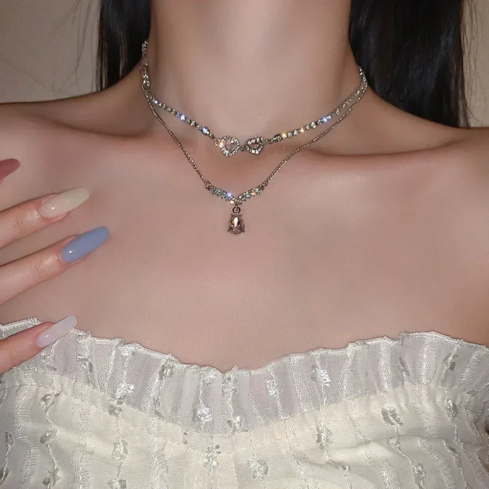 Pink Square Zircon-Style Pendant Necklace