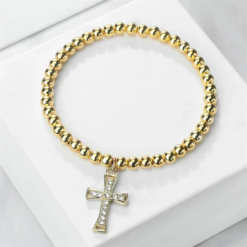 5mm Copper Beaded Bracelets With Alloy Cross Pendant Bangles Fashion Women Elastic Rope Wristbands Men Energy Yoga Jewelry Gifts