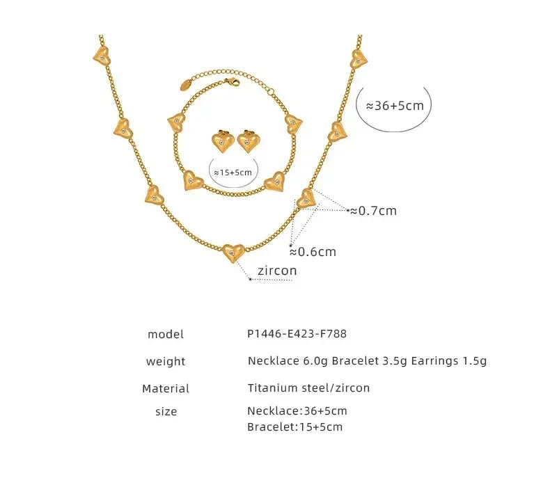Cute Heart Necklace Earrings Bracelet Jewelry