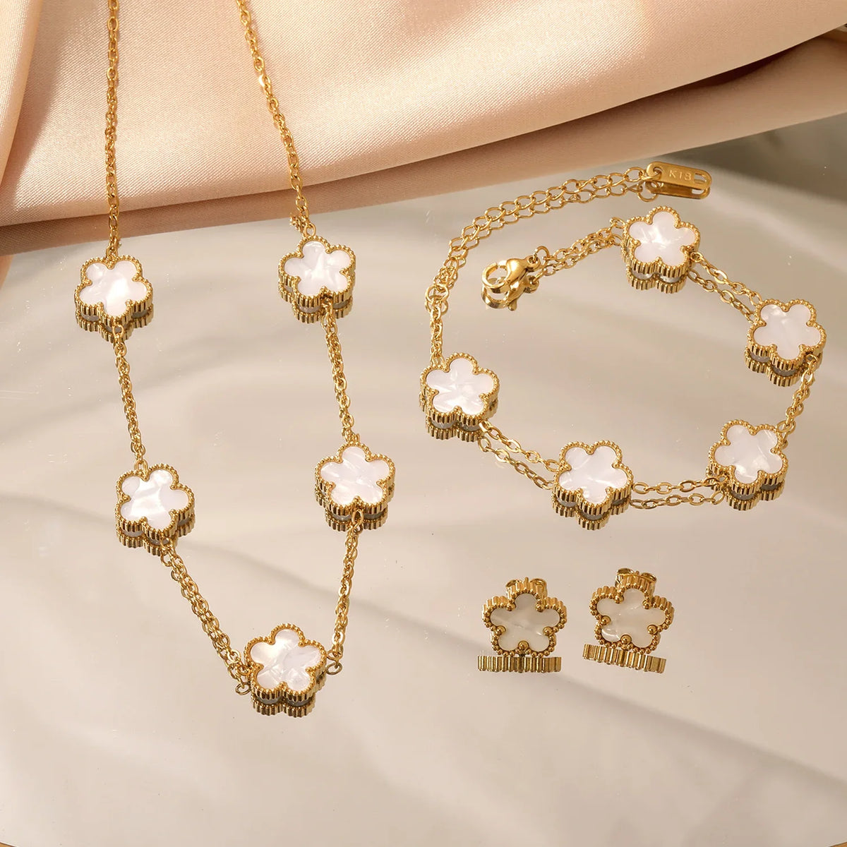 LUXUKISSKIDS Fashion Flower Necklace Earrings Set Jewelry Women Stainless Steel White Shell Clover Bracelet Jewelry Accessories