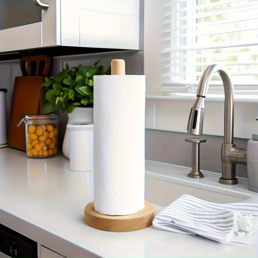 Bamboo Paper Towel Holder – Wooden Countertop Stand for Kitchen and Bathroom Organization