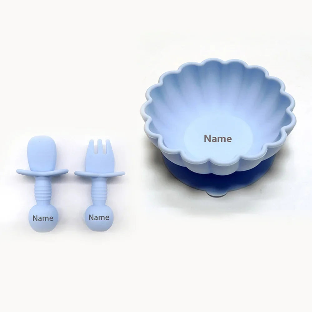 Personalized 3-Piece Silicone Kids Tableware Set Bowl Fork Spoon BPA-Free Suction Plate Microwave & Dishwasher Safe