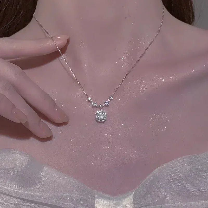 Pink Square Zircon-Style Pendant Necklace