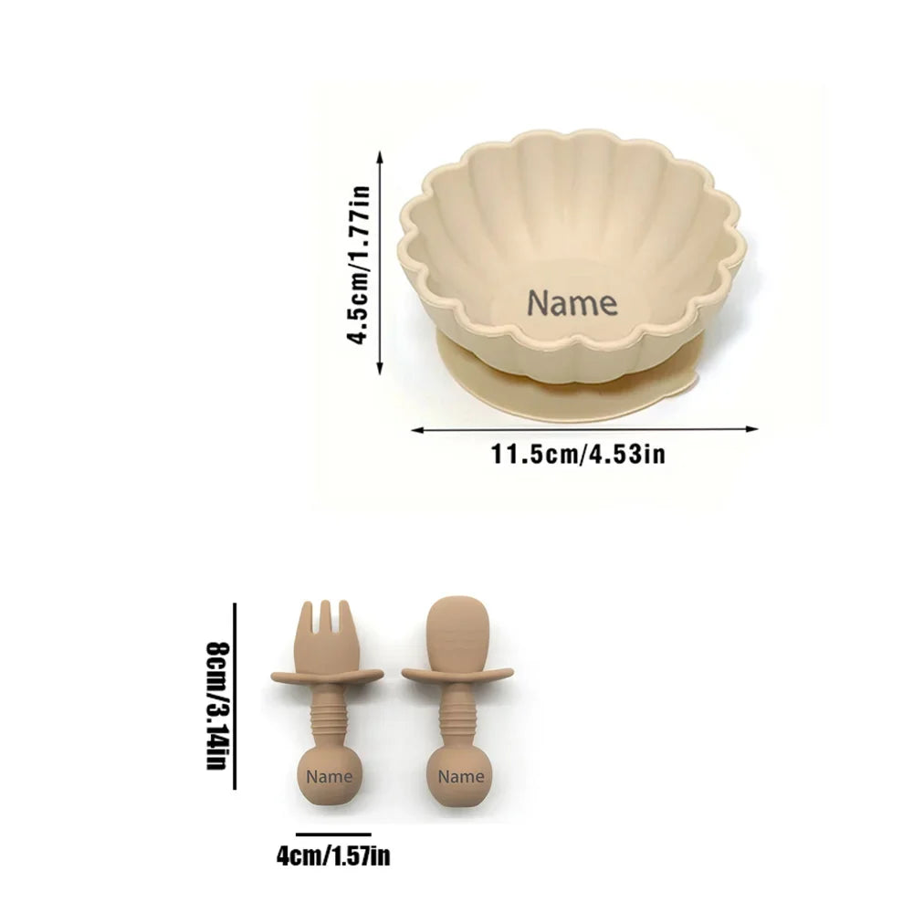 Personalized 3-Piece Silicone Kids Tableware Set Bowl Fork Spoon BPA-Free Suction Plate Microwave & Dishwasher Safe