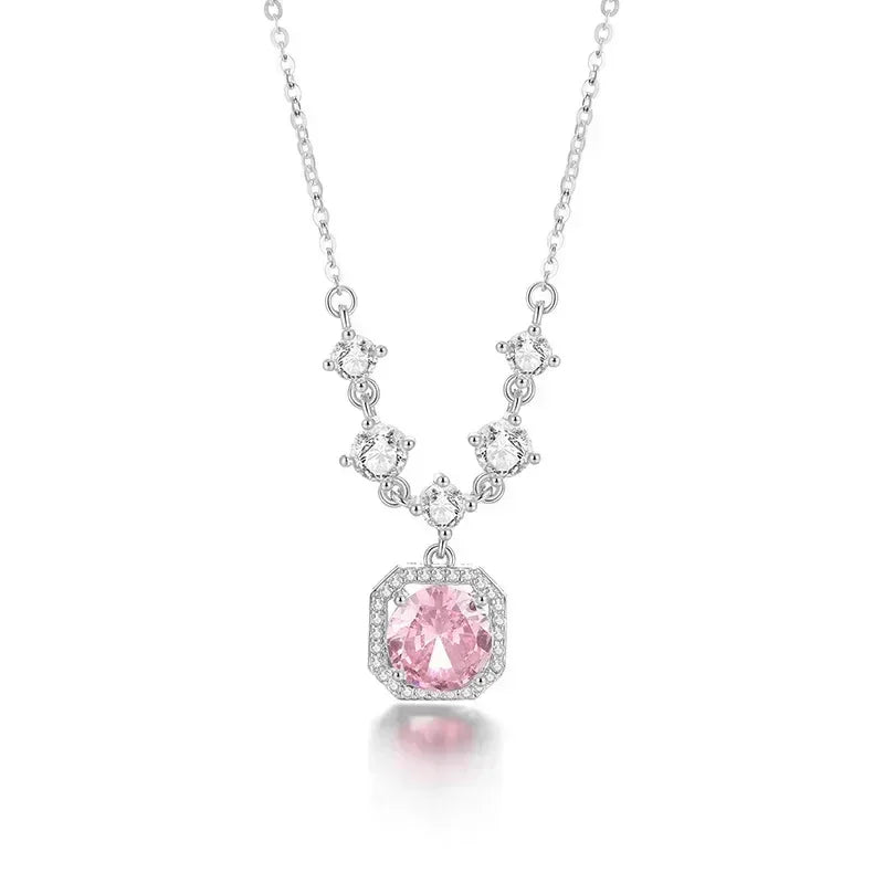 Pink Square Zircon-Style Pendant Necklace