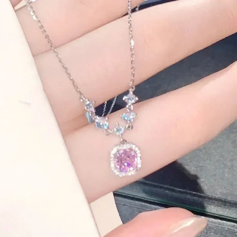 Pink Square Zircon-Style Pendant Necklace