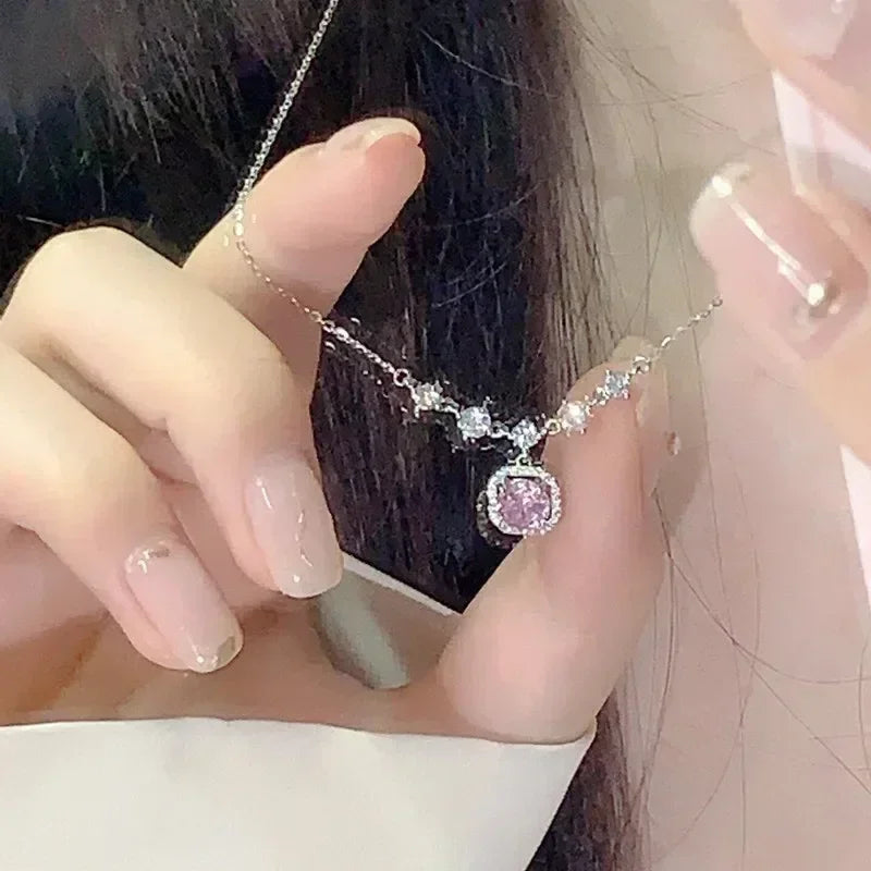 Pink Square Zircon-Style Pendant Necklace
