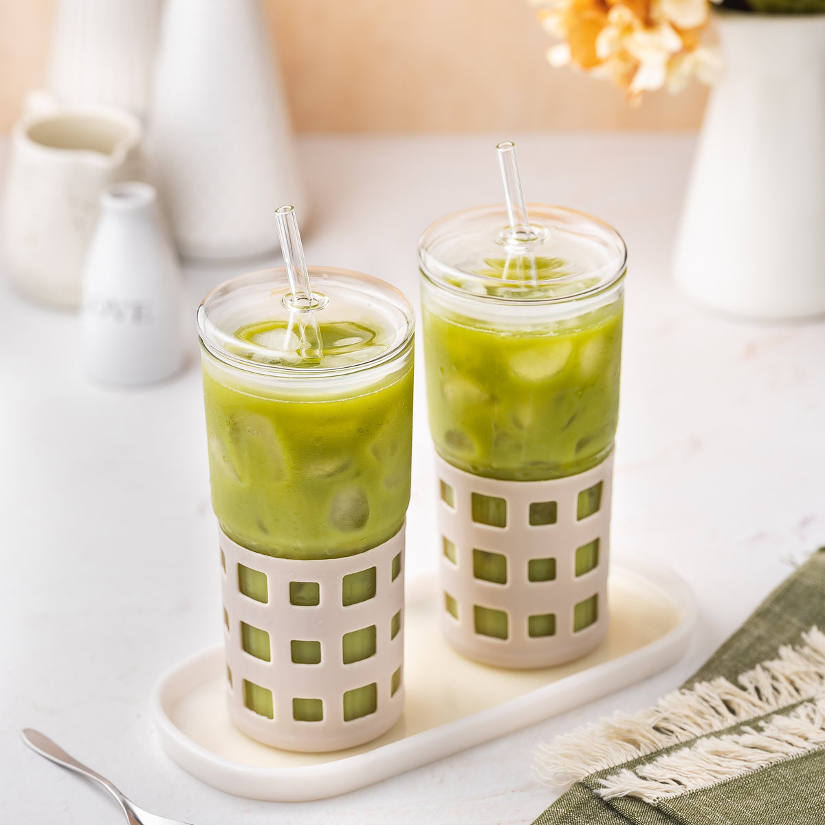 All Glass Juice Tumblers with Lid 20 oz 2 Pack