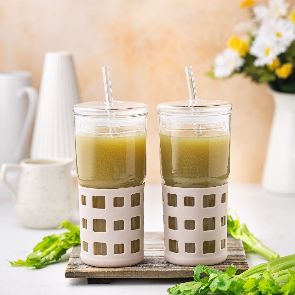 All Glass Juice Tumblers with Lid 20 oz 2 Pack