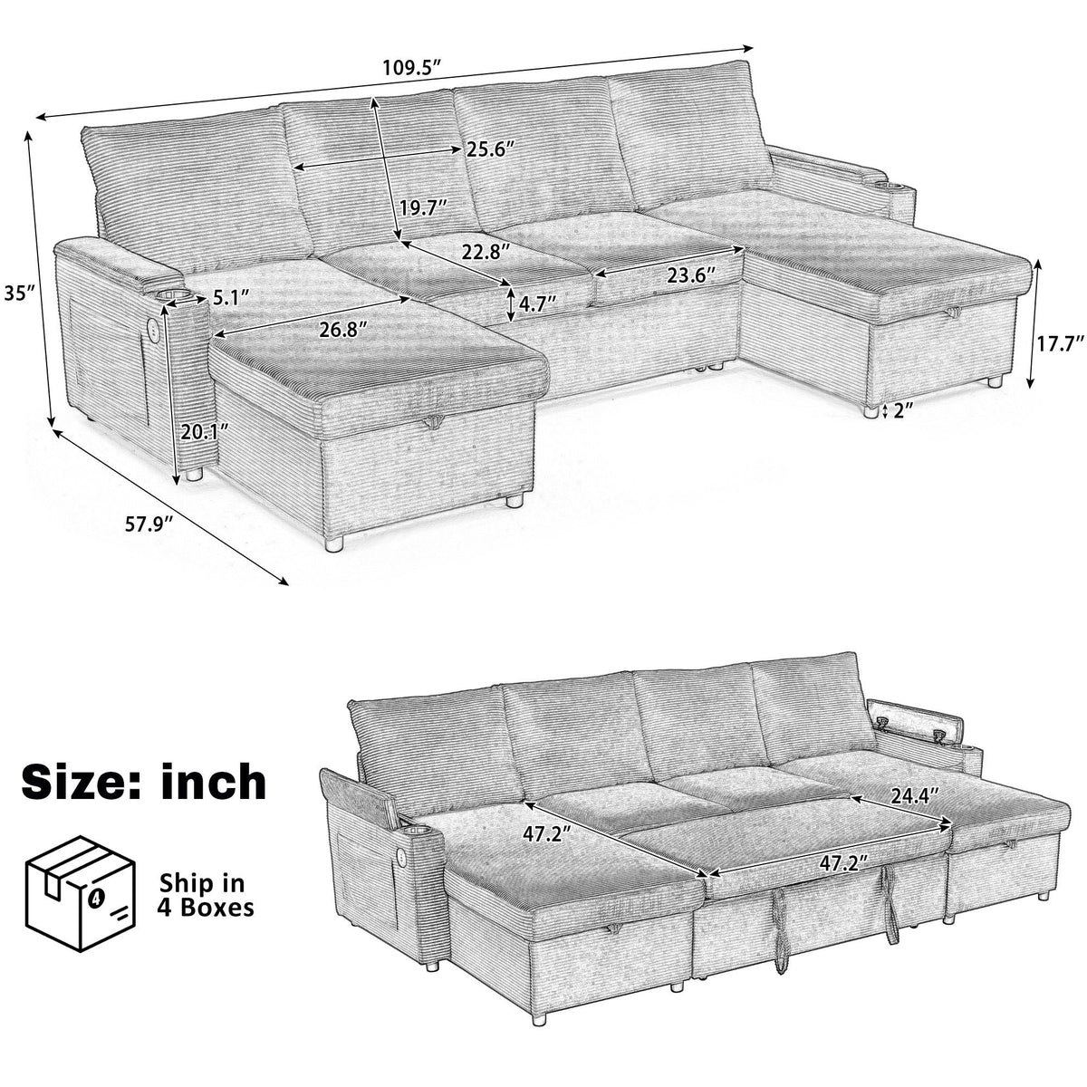 U Shaped Sectional Sofa Bed with