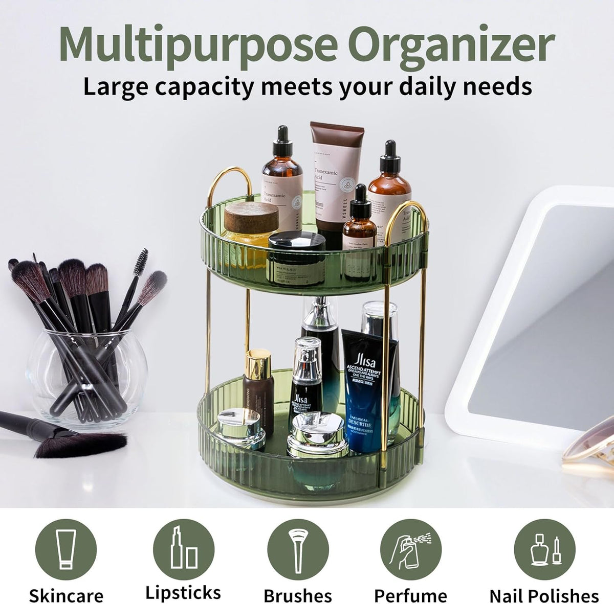 360 Rotating Makeup Organizer - 3-Size Spinning Cosmetic & Skincare Holder For Vanity Countertop 3 Colors