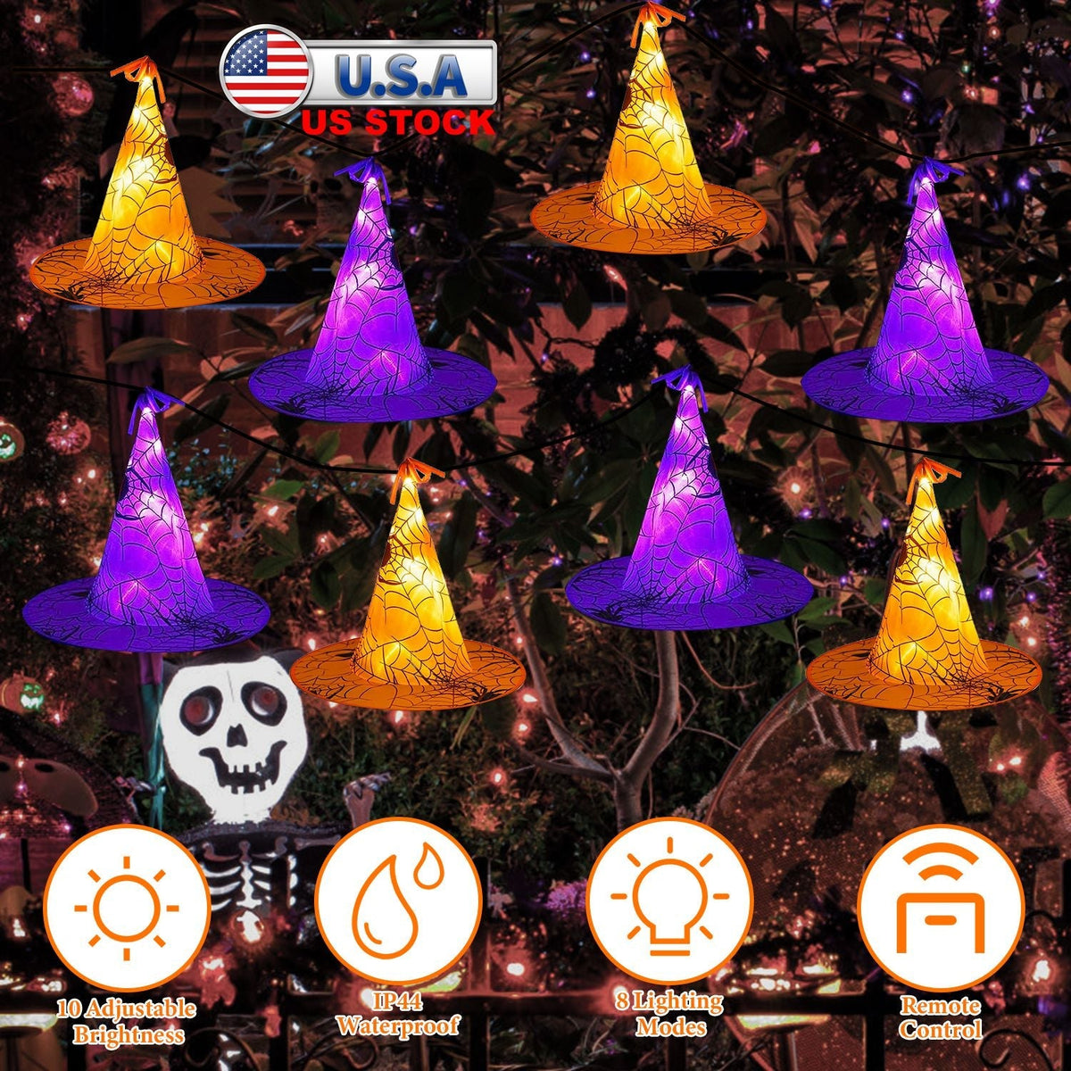 Witch Hat String Lights, 8 Hats, 13 ft