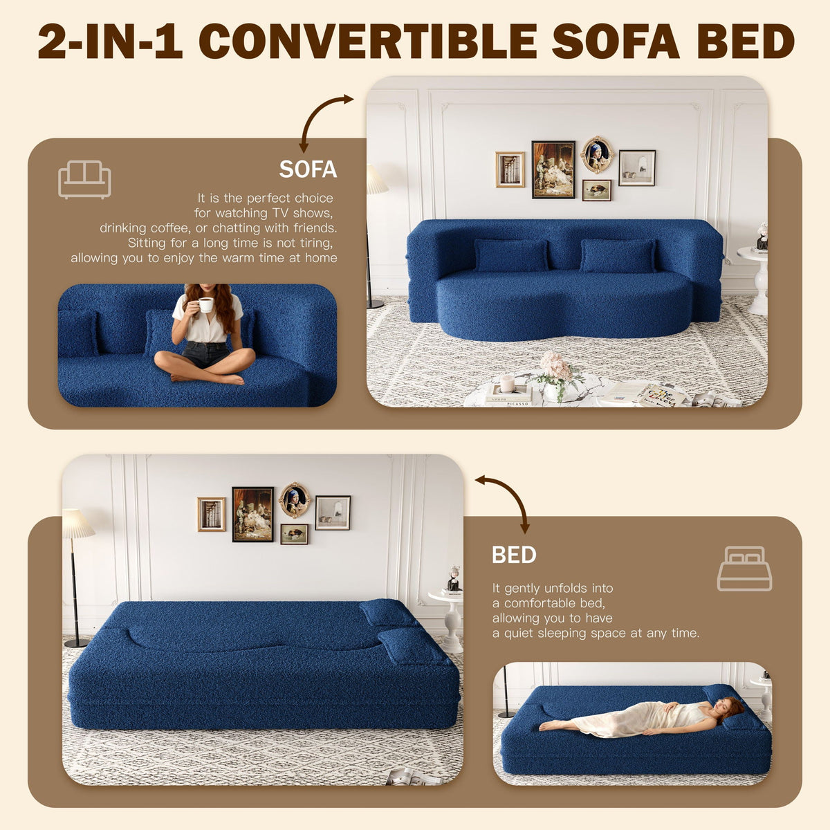 Modern Floor Sleeper Sofa Bed with 2 Pillows - Convertible Twin Size Folding Futon