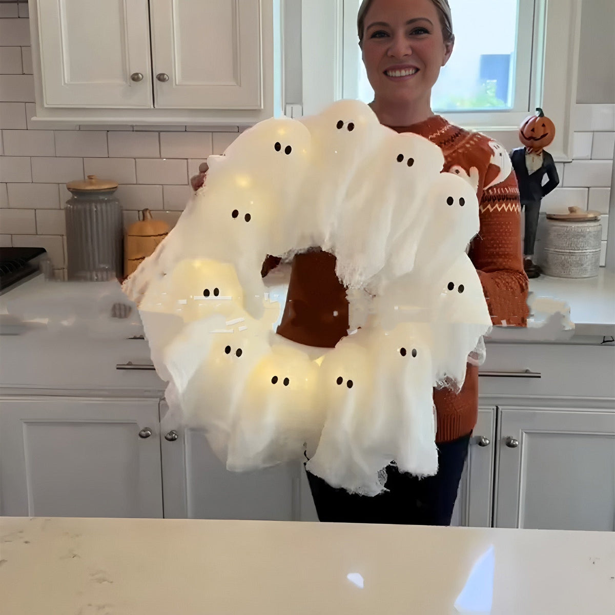 Light-Up Halloween Ghost Wreath, 12 LEDs