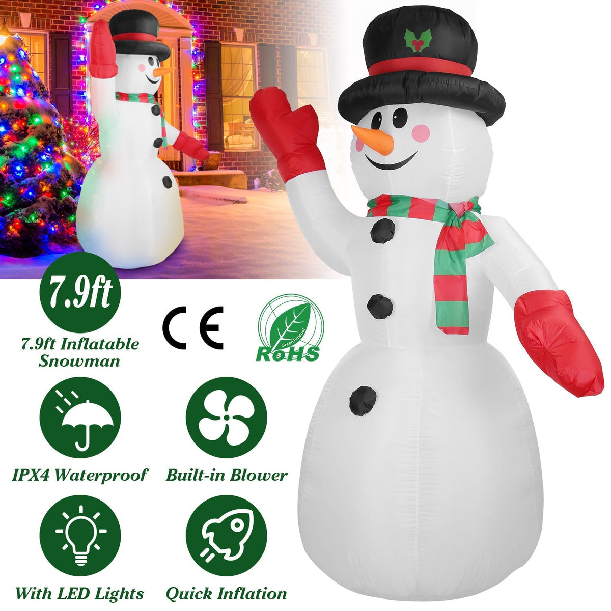 Light-Up Christmas Snowman Inflatable, 7.9 ft