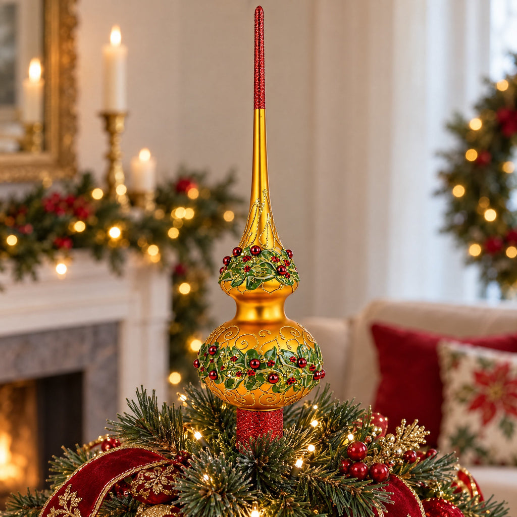 Poinsettia & Pearl Gold Glass Tree Topper, 11 in