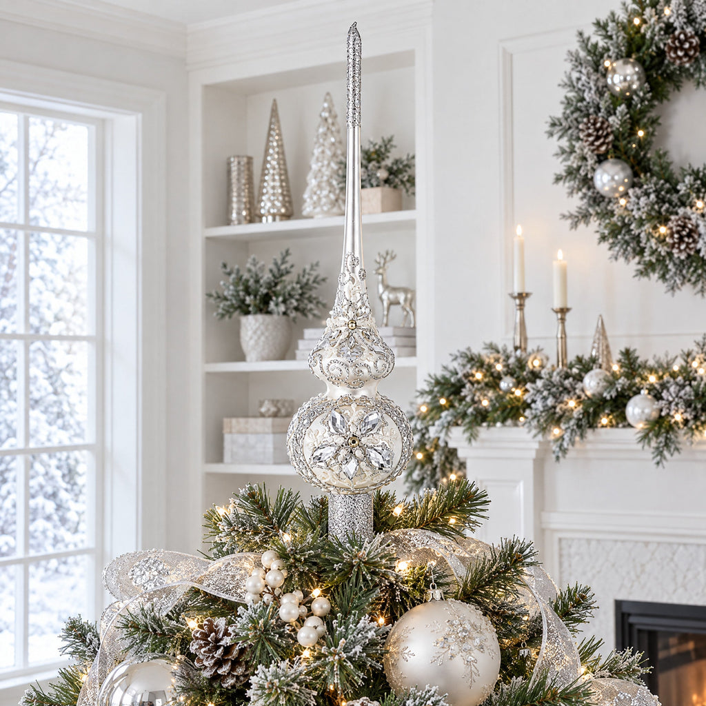 White Jewel Star Silver Glass Tree Topper, 11 in