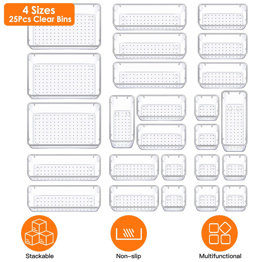 25-Piece Clear Drawer Organizer Set – 4 Sizes