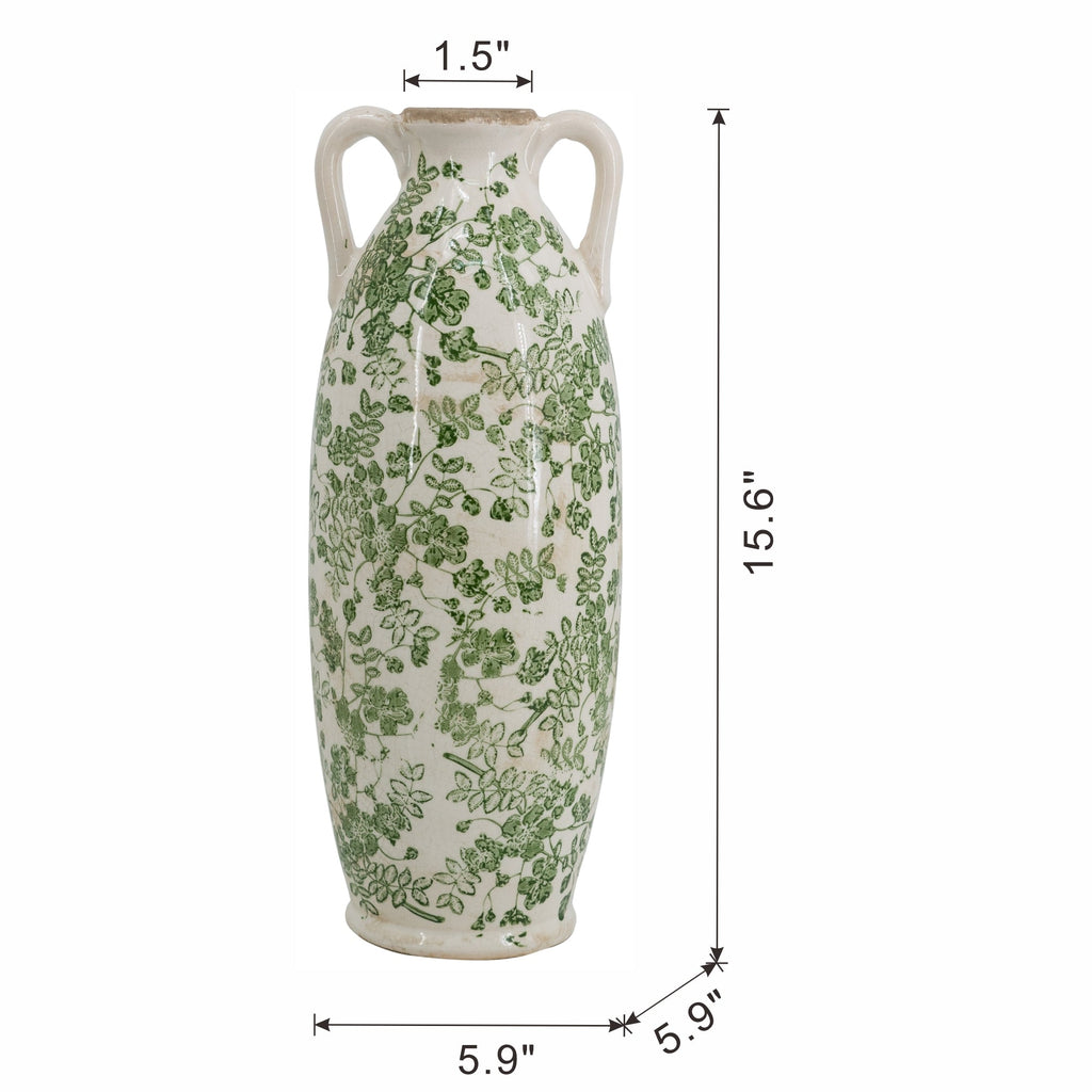 White Ceramic Flower Vase with Green Floral Pattern and Handles - White + Green