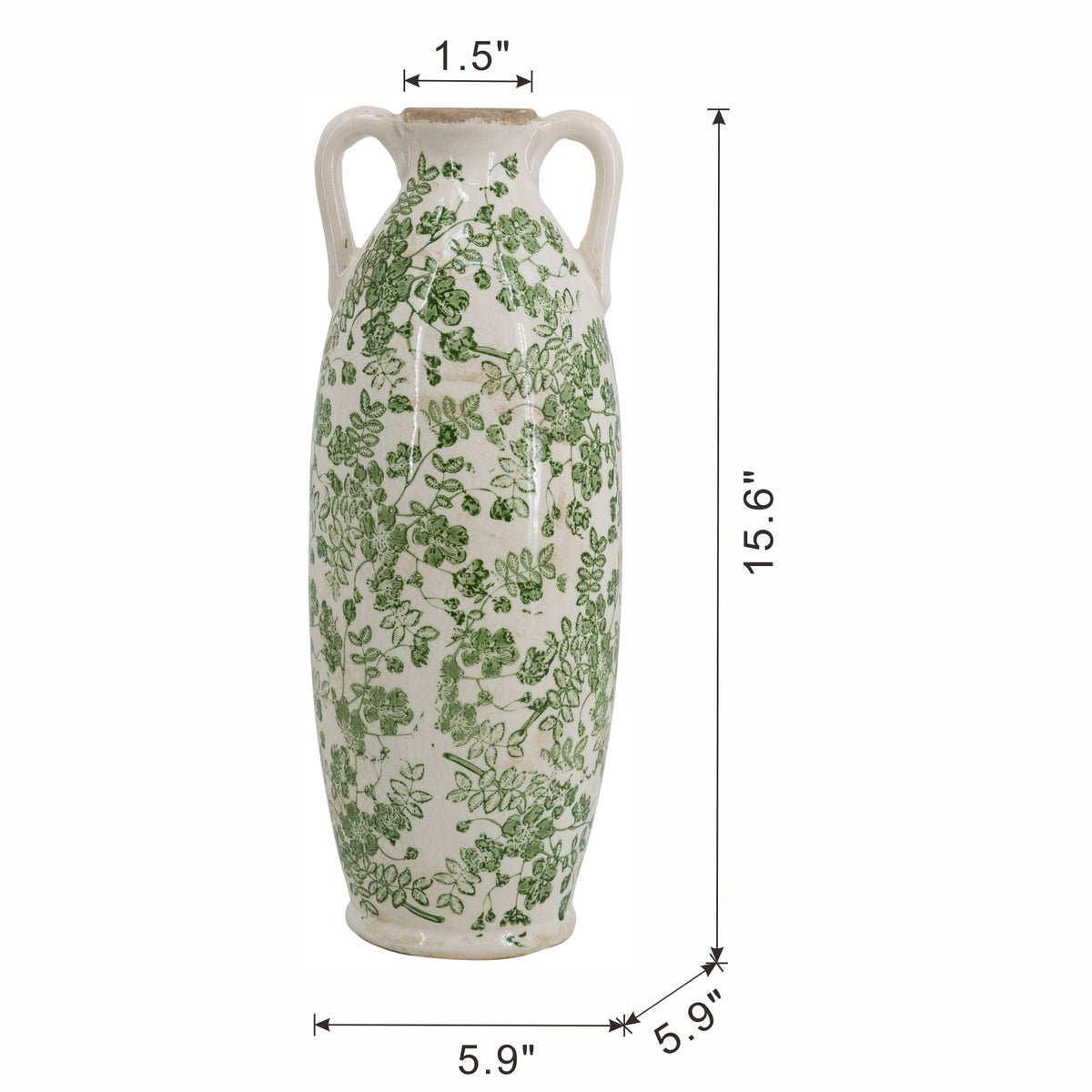 White Ceramic Flower Vase with Green Floral Pattern and Handles - White + Green