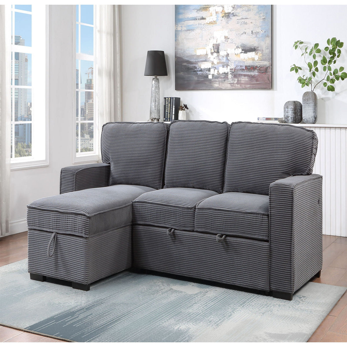 Dark Gray Pull-Out Sleeper Sectional with Cup Holders