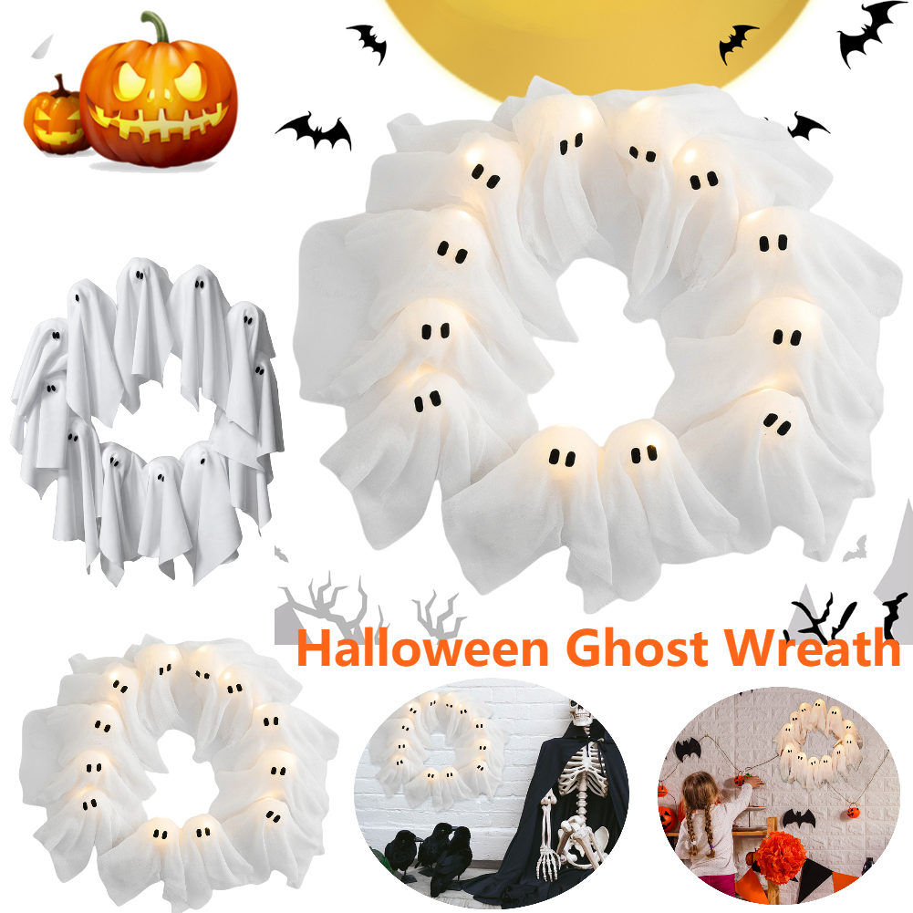 Light-Up Halloween Ghost Wreath, 12 LEDs