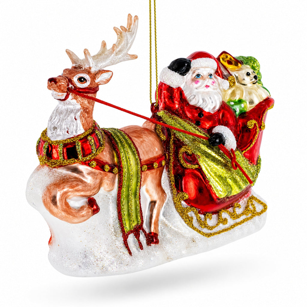 Santa's Sleigh & Reindeer Glass Ornament